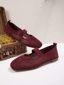 女士编织玛丽珍平底鞋，方头网面透气鞋，舒适优雅针织休闲平底鞋 - 酒紅色 - 查看 6