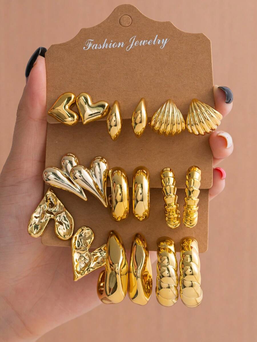 Set de 3/9 pares de aretes de estilo vintage minimalista, aretes elegantes y de lujo para mujeres, nuevos lanzamientos - Dorado - Ver 1
