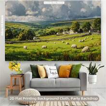 2D Flat 1Piece Large Pastoral Sheep Scenery  Suitable Naturalthemed Backdrops, Featuring Sheep Grazing And Rural Pastoral Scenery, Green Field Fabric Decorations, Weddings, Spring Parties, Farmhouse Photography Backdrops, Indoor/Outdoor Events - Nhiều màu - Xem 9