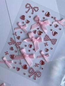 粉色3D缎面蝴蝶结爱心水钻贴纸，少女风水钻贴纸，适用于手机壳装饰、DIY手工、舞台妆容、手账装饰、芭蕾舞Y2K美学配饰、不透明可移除贴纸、创意美甲水钻装饰、演唱会妆容、面部装饰 - 粉色 - 查看 4
