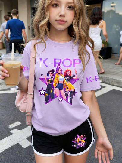 Sweet & Cool Girl Group And K-POP Letter Print Round Neck T-Shirt + Sweet & Cool Girl Group Print Shorts, New Summer Comfortable Girls Set