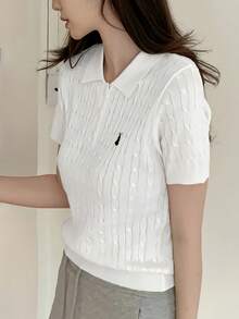 Women's Korean-Style Ice Silk Fiber Shirt - Breathable Short-Sleeved Collared Top With Embroidered Logo, Bright Yellow Casual Spring-Summer Everyday Fashion, Non-Transparent Fabric - trắng - Xem 4