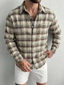 Áo sơ mi dài tay kẻ caro bằng vải nỉ dành cho nam, áo sơ mi cài nút kẻ caro màu kaki, áo sơ mi flannel dáng rộng hiện đại, áo sơ mi kẻ caro có túi phong cách đường phố đô thị. - Nhiều màu - Xem 1