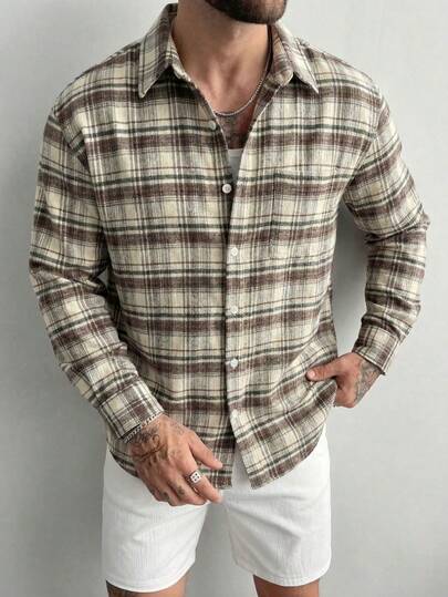 男士抓绒格子长袖衬衫，卡其色格子纽扣衬衫，现代休闲宽松法兰绒衬衫，都市街头风纹理格子口袋衬衫