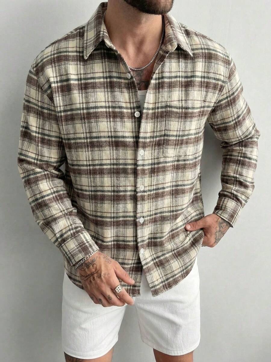 Áo sơ mi dài tay kẻ caro bằng vải nỉ dành cho nam, áo sơ mi cài nút kẻ caro màu kaki, áo sơ mi flannel dáng rộng hiện đại, áo sơ mi kẻ caro có túi phong cách đường phố đô thị. - Nhiều màu - Xem 1