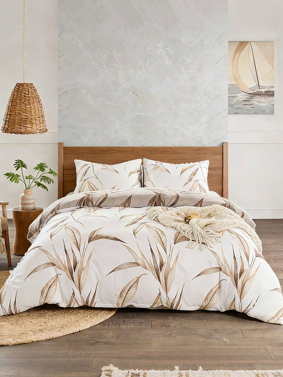 3pcs/Set Floral Leaf Pattern Duvet Cover Set(1 Duvet Cover & 2 Pillowcase)Soft And Skin-Friendly Duvet Cover Bedding Set For Home, All Season Bed Sheets Set - Multicolor - View 1