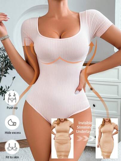 1pc Women's Solid Color Ribbed Square Neck Short Sleeve Shapewear Jumpsuit, Lifting Waist, Sculpting Perfect Curves, Daily Essential, Floral Print
