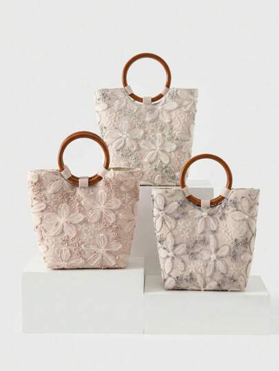 Sweet Embroidered Tote Bag, Stylish Beach Bag With Floral And Plant Patterns, Cute Women's Bag With Mesh And Linen Patchwork, Large Capacity Shopping Bag/Storage Bag, Suitable For Summer Vacation, Beach Trip And Leisure (Floral Patterns Randomly Distributed).