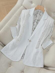 2026 Spring/Summer New Casual White Lace Blazer Jacket For Women, 3/4 Sleeve, Hollow-Out Design - White - View 1