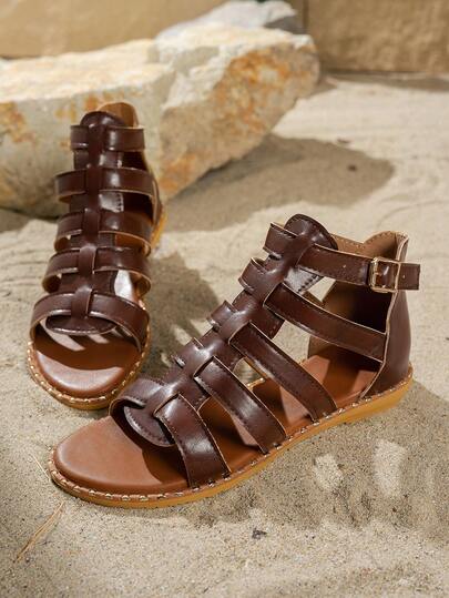 Sandal nữ mùa xuân/hè màu nâu sang trọng, đa năng, kiểu dáng La Mã, thích hợp cho hoạt động ngoài trời, đi biển, nghỉ dưỡng, phong cách retro bohemian, hở mũi, nhiều quai, đinh tán, khóa cài mắt cá chân, kiểu Pháp tối giản.