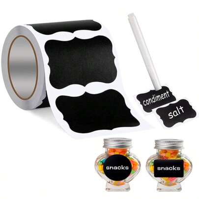 1/3 Roll (120 Labels Per Roll) Reusable Waterproof Black Chalkboard Glass Jar Labels, Wavy Labels Suitable For Kitchen And Pantry Organization, Great For Containers, Jars, Spices And Food Storage