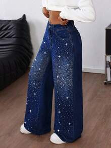Elegantes jeans de mujer de talle alto elástico, pierna ancha, lavado oscuro y detalles brillantes, perfectos para salidas informales. - Niebla azul - Ver 4