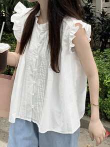 格子荷叶边无袖宽松衬衫，夏季 - 白色 - 查看 7