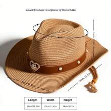 1顶女士水钻心形西部牛仔遮阳帽，宽檐透气防晒帽，适合夏季海滩度假和户外活动 - 愛心珍珠草邊帽 - 查看 8