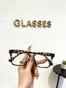 1副女士复古豹纹方形透明镜片眼镜，轻盈PC材质，Y2K风格，适合日常办公通勤和返校季佩戴 - 多色 - 查看 4