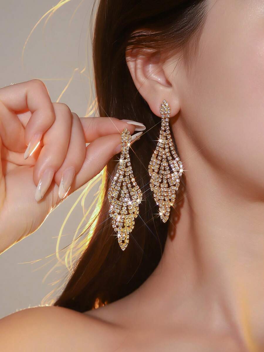 1 Đôi bông tai tua rua dài nhiều lớp hình học đính đá Zirconia, bông tai thời trang đính đá lấp lánh, phù hợp với váy dạ hội, bông tai lấp lánh đeo hàng ngày - Vàng - Xem 1