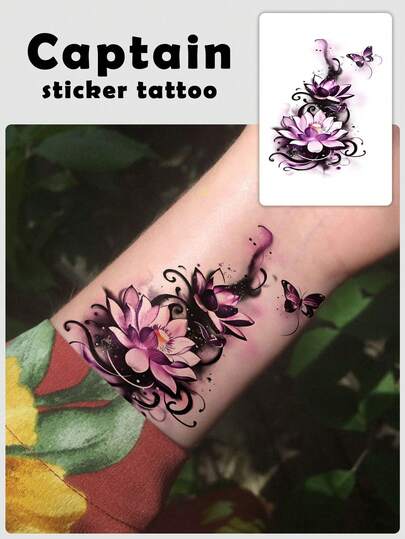 4pcs Colorful Temporary Tattoos - Purple Lotus & Butterfly, 3.54*2.76inch, Gradient Romantic Elegant Mysterious Vibe, Suitable For Arms, Waist, Chest And Other Body Parts, Ideal For Summer Outfits, Holidays, Parties, Bars, Waterproof, Long-Lasting