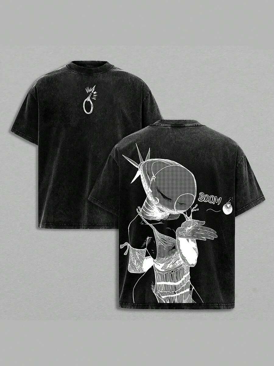 230g Washed Double-Sided Printed T-Shirt, Electric Wave Girl Cute Printed High-Quality Batik Cotton Retro Fashion Brand T-Shirt, Suitable For Everyday Wearing T-Shirts, Outdoor Holiday Sports, Gifts For Comic Lovers. - màu đen - Xem 1