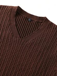 男士夏季休闲时尚百搭复古麻花针织V领短袖T恤 - 棕色 - 查看 3