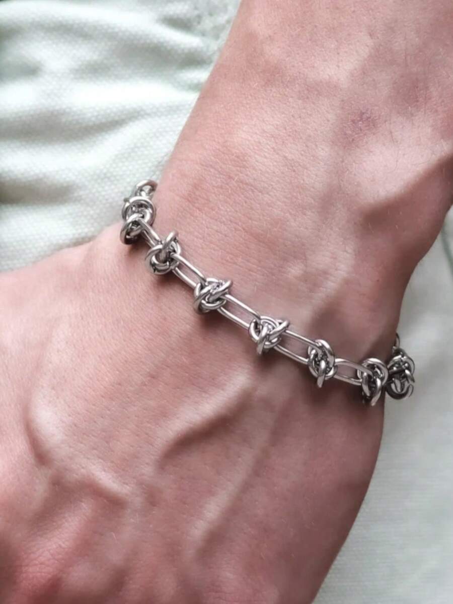 1件个性化打结间隔扭链手链，精致不锈钢饰品，朋克摇滚另类风格，街头风叠戴饰品，男女皆宜 - 扭結手鍊 - 查看 1