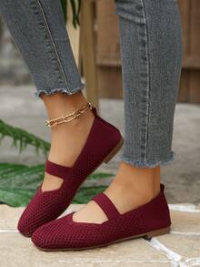 女士编织玛丽珍平底鞋，方头网面透气鞋，舒适优雅针织休闲平底鞋 - 酒紅色 - 查看 3