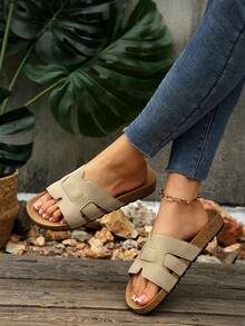 Women's Open Toe Round Toe Beach Sandals, Slip-On, Minimalist, Comfortable, Plus Size, Casual, Vacation Style, Satin Thick Sole Sandals, Suitable For Beach, Party, Home, Outdoor Wear, Spring/Summer New Elegant Sandals - Beige - View 4