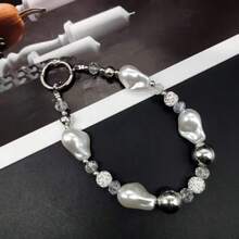 Elegante cordón para teléfono de mujer con rhinestones y perlas falsas, correa de muñeca de moda con llavero, accesorio de diseño sencillo para uso diario - Blanco - Ver 2