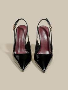 女士黑色漆皮尖头小猫跟高跟鞋，优雅正式礼服鞋，闭趾搭扣踝带派对高跟鞋 - 黑色 - 查看 5