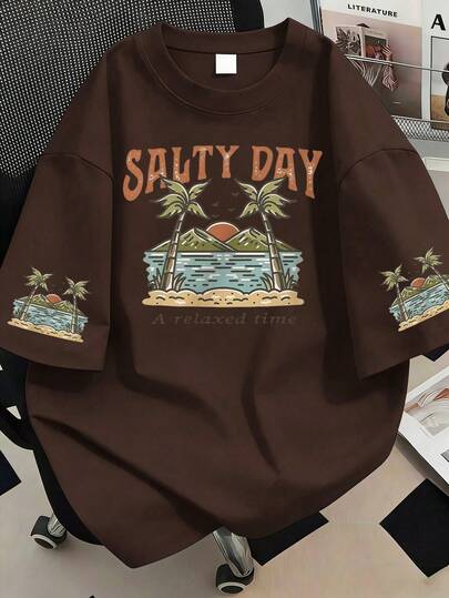 1件加大码女式休闲夏季圆领日出棕榈树印花T恤，时尚短袖，适合夏季度假、海滩、节日、春季、情人节、狂欢节、母亲节等场合。