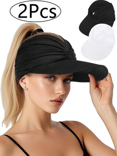2顶女士遮阳帽，沙滩遮阳帽，宽檐设计，轻便可折叠，适合运动、沙滩、高尔夫、徒步旅行，可扎马尾辫，速干，休闲遮阳帽