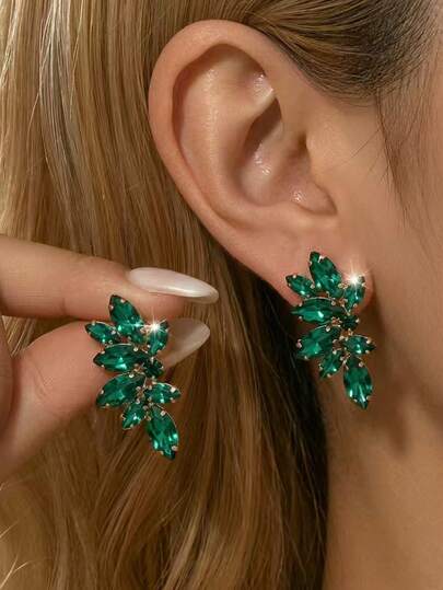 1对叶子形状新娘女士时尚水晶耳环，优雅珠宝耳环，适合高档晚宴、高档晚礼服、婚礼。