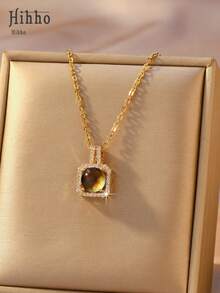 Hihho 1 pieza Collar con colgante de gema ombre de lujo, diseños de colgantes geométricos múltiples disponibles, joyería elegante para uso diario - Dorado - Ver 4