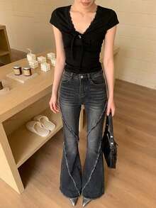 High Waist Flare Leg Slim Fit Fringed Casual Women Jeans, Solid Color, All Season - Black - View 2