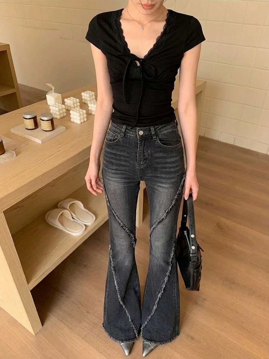 High Waist Flare Leg Slim Fit Fringed Casual Women Jeans, Solid Color, All Season