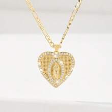 1pc Classic European & American Style Copper Inlaid Zirconia Heart-Shaped Guadalupe Virgin Mary Pendant Necklace, Limited Edition, Suitable For Christmas/Thanksgiving/Halloween/Mother's Day/Valentine's Day Gifts, Catholic First Communion, Daily & Holiday Wear, Prayer - Yellow Gold - View 8