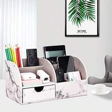 KINGFOM - Organizador de piel sintética para lápices caja de almacenamiento 6 compartimentos con cajón de mármol gris - Mrmol PUgris - Ver 2