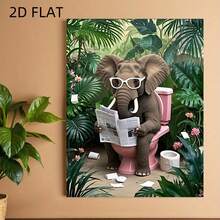 Pôster 2D plano, peça única, elefante engraçado lendo jornal em vaso sanitário rosa - Sem moldura, 30x40cm, alta definição, à prova d'água, com plantas e flores tropicais. Ideal para banheiro, sala de estar, escritório ou como presente interessante para casa e amigos. Decoração de parede para banheiro. - A - Ver 3