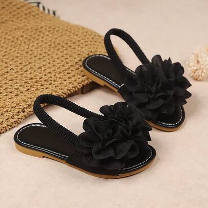 1 Pair Black Soft Fabric Floral Decor Elastic Slip-On Flat Sandals, Round Toe, Suitable For Girls Aged 3-12, Casual Beach Vacation Wear, Summer 2026 New Arrival