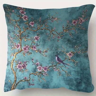 1pc Double-Sided Short Plush Pillowcase- Blue Purple And Golden Chinese Style Flower And Bird Pattern, 18.0x 18.0inch Traditional Decorative Cushion Cover With Zipper Closure, 100% Polyester Suitable For Living Room, Bedroom, Office Decoration