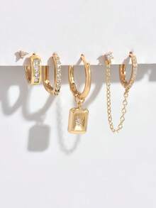 5件套优雅锆石链条耳环套装，简约时尚，适合女性约会、派对、日常通勤等场合。 - 金黃色 - 查看 3