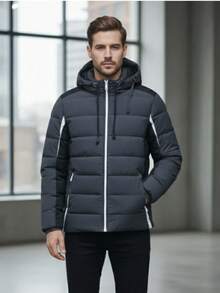 Men's Puffer Jacket With Thermal Lining And Hood - Ideal For Winter - 深灰色 - 查看 1