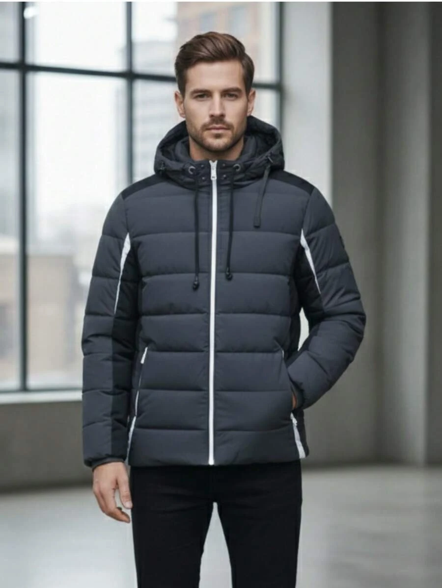 Men's Puffer Jacket With Thermal Lining And Hood - Ideal For Winter - Màu xám đen - Xem 1