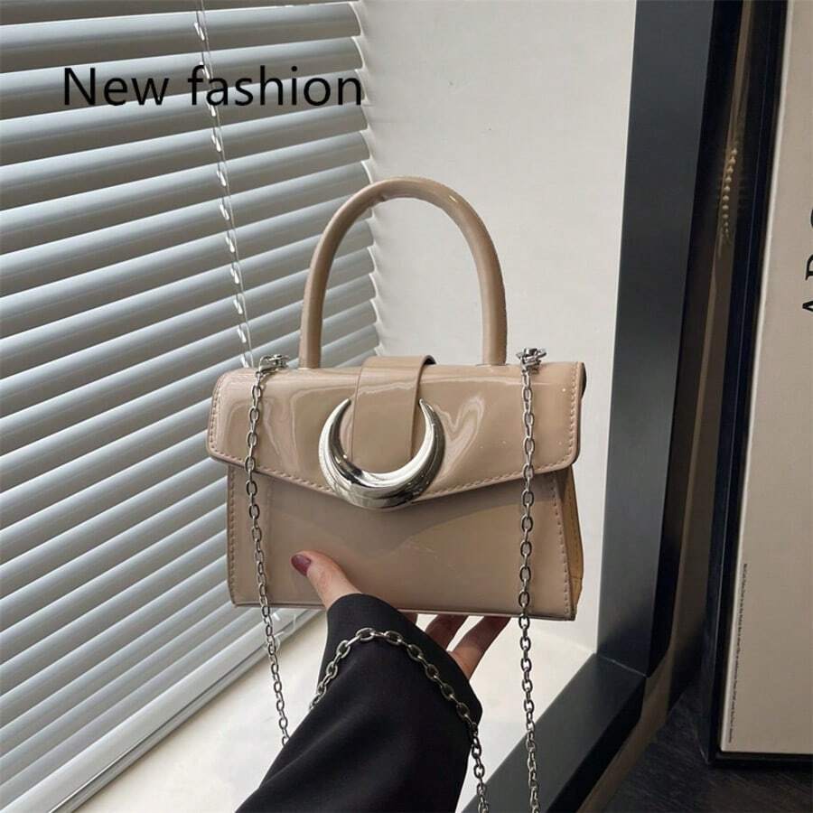 "Elegant Beige Patent Leather Mini Handbag With Crescent Moon Lock, Chain Strap & Top Handle - Perfect For Women's Daily & Party Use" - Khaki - View 1