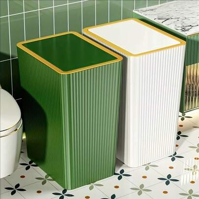 1 pieza Papelera de baño de gran capacidad con tapa - Diseño de moda y ahorro de espacio, asegura las bolsas de basura, sello a prueba de agua a rayas, adecuado para bote de basura de jardín, artículos esenciales para el hogar, decoración de jardín al aire libre y bote de basura de cocina, accesorios de ducha/baño, aplicable a dormitorio, cocina, sala de estar, baño y suministros de limpieza de espacios públicos