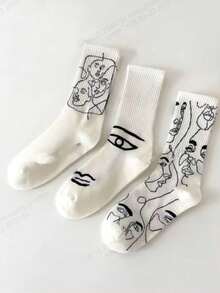 3 Pairs Women's Mid-Calf Socks, Beige Abstract Human Figure Minimalist Design, Suitable For Everyday Wear - Multicolor - View 1