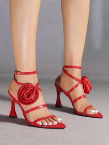 Jin Bei Qi Sandalias de tacón alto con puntera puntiaguda, decoración de flor de rosa, cuero brillante, cómodo regalo de boda, uso en discoteca y eventos al aire libre, con tira cruzada en el tobillo y tacón asimétrico, elegante y sexy para uso en la oficina, fiestas de alta gama, adecuado para todas las estaciones, color rojo - Rojo - Ver 2