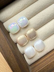 3对时尚简约甜美精致方形仿珍珠耳环套装，优雅小巧迷人，适合女性日常及节日佩戴 - 彩色 - 查看 2