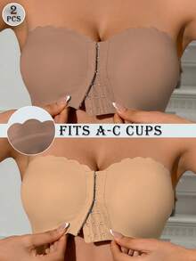 2pcs (Mocha + Dark Apricot) Front Closure Bandeau Bra, Upgraded Non-Slip Silicone, Wireless Seamless Bra (A-C Cup) - Multicolor - View 2
