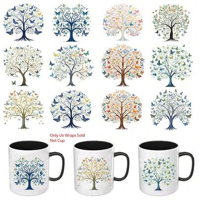 12pcs Tree Of Life UV DTF Transfer Sticker, For Libbey Glass Cups Watercolor Botanical Butterfly Tree, DIY Wrap Transfer Sticker For 16oz Glass Cup Waterproof Sticker Bottle Sticker Adhesive Sticker Self-Adhesive Plastic Decals