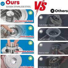 Upgraded 3-In-1 Kitchen Sink Drain Strainer (With Cleaning Brush) - Stainless Steel Sink Stopper, Anti-Clogging Sink Food Collector Basket, Quick Drainage Deodorizing Sink Plug, Fits 3 1/2" Drain Hole (Silver - 1 Piece) - A - View 6